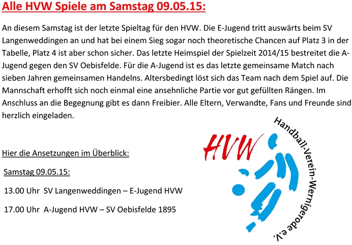 Die Handballsaison 2014/15 geht für den HVW am Samstag zu Ende